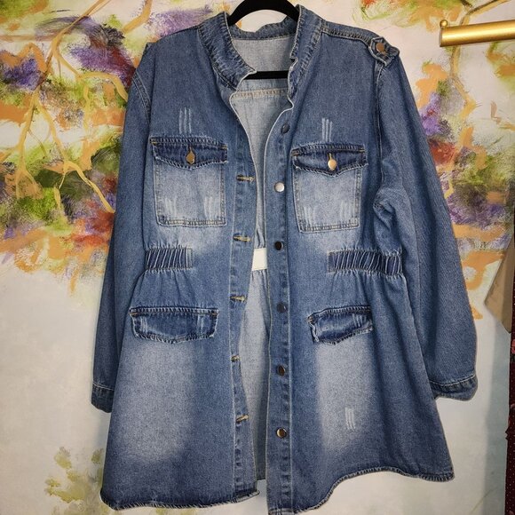 Denim Distressed Vintage Inspired Jacket & Shoulder Epaulet Button Front - Picture 4 of 7
